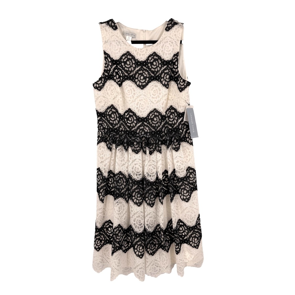 NWT London Times Dress Women 12 Black Ivory Floral Lace Overlay Cocktail Zipper
